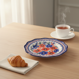 New East Sun Ceramic Dessert Plate Blue & Red Floral Design - 9.2 Inch