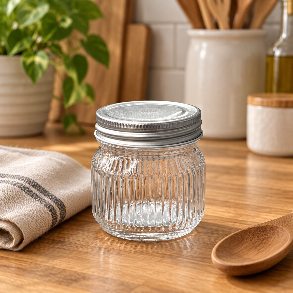 Nautilus Ribbed Glass Jar with Silver Lid - 220ml