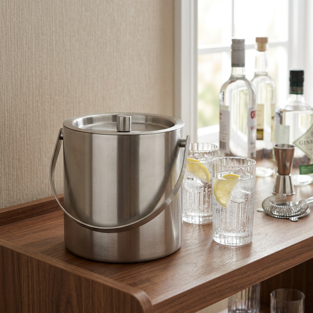 FNS Stainless Steel Ice Bucket with Lid and Carry Handle Silver - 1.5 Litre