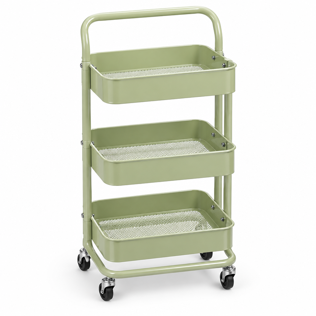 3-Tier Metal Storage Trolley with Wheels Sage Green - 73×38×28cm
