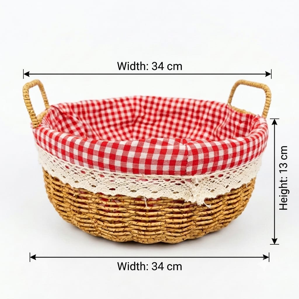 Round Wicker Bread Basket with Red Gingham Lining