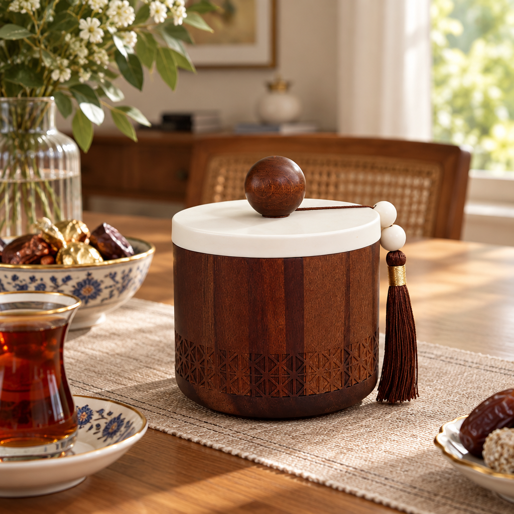 برطمان حلوى خشبي بغطاء معدني باللونين البني والكريمي - 10×10 سم