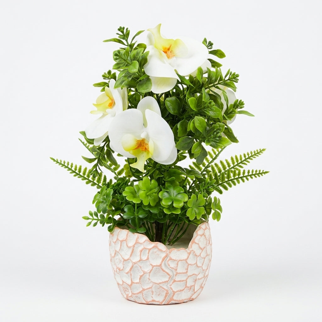 Artificial White Orchid Flower with Textured Chalk Pot - 30 cm