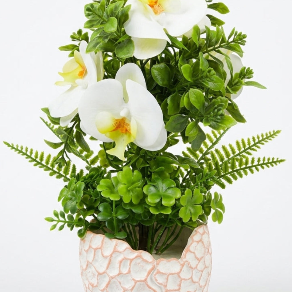 Artificial White Orchid Flower with Textured Chalk Pot - 30 cm