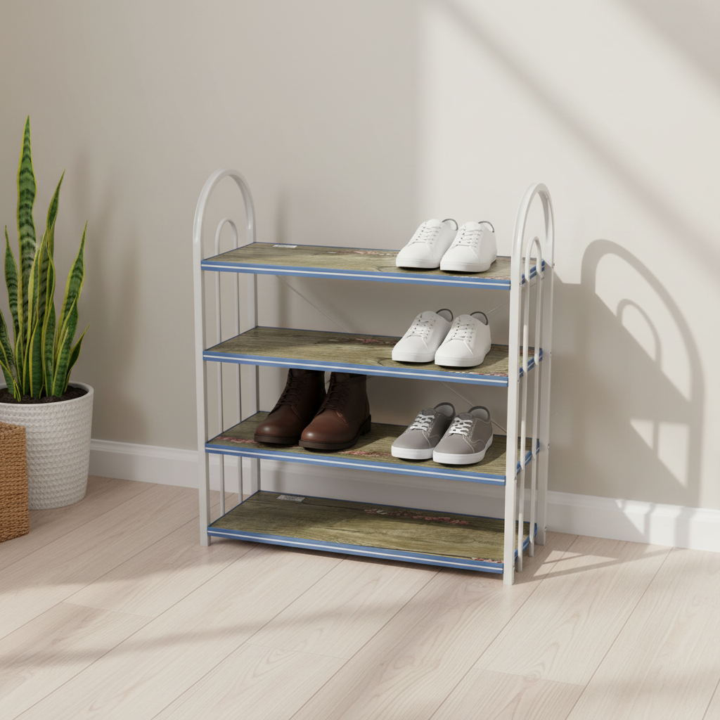 4-Tier Wooden & Metal Shoe Rack - 60×50×20cm