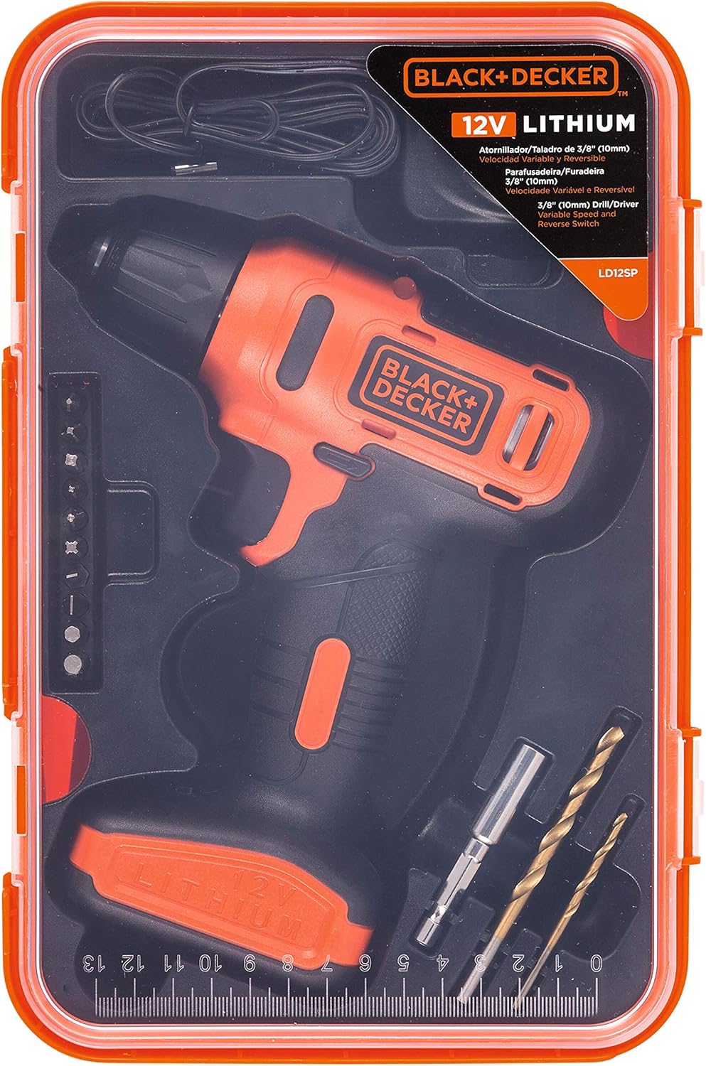 Black & Decker 12V 1.5Ah 900 RPM Cordless Drill Driver with 13 Pieces Bits in Kitbox For Drilling and Fastening, Orange/Black, LD12SP-B5, 1 Years Warranty