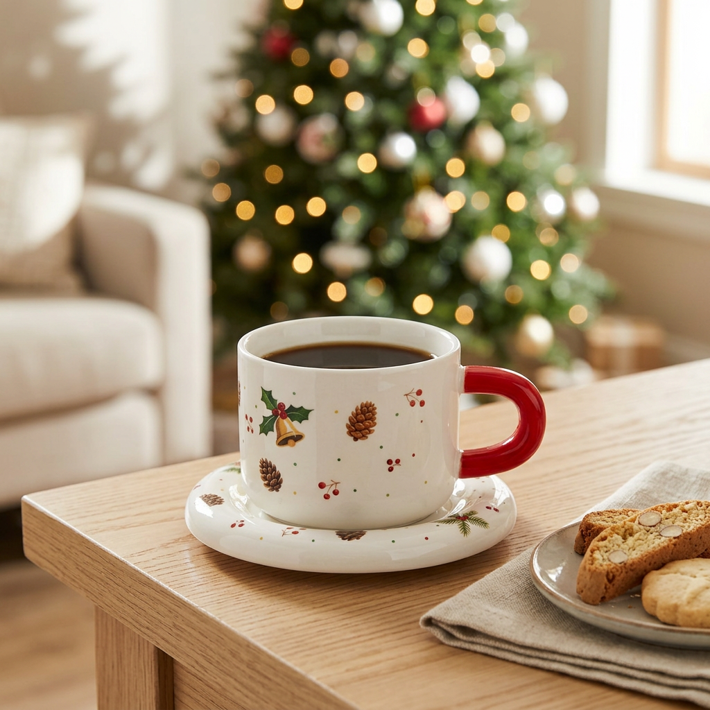 Ceramic Christmas Cup & Saucer Set White with Red Handle - 350ml