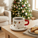 Ceramic Christmas Cup & Saucer Set White with Red Handle - 350ml