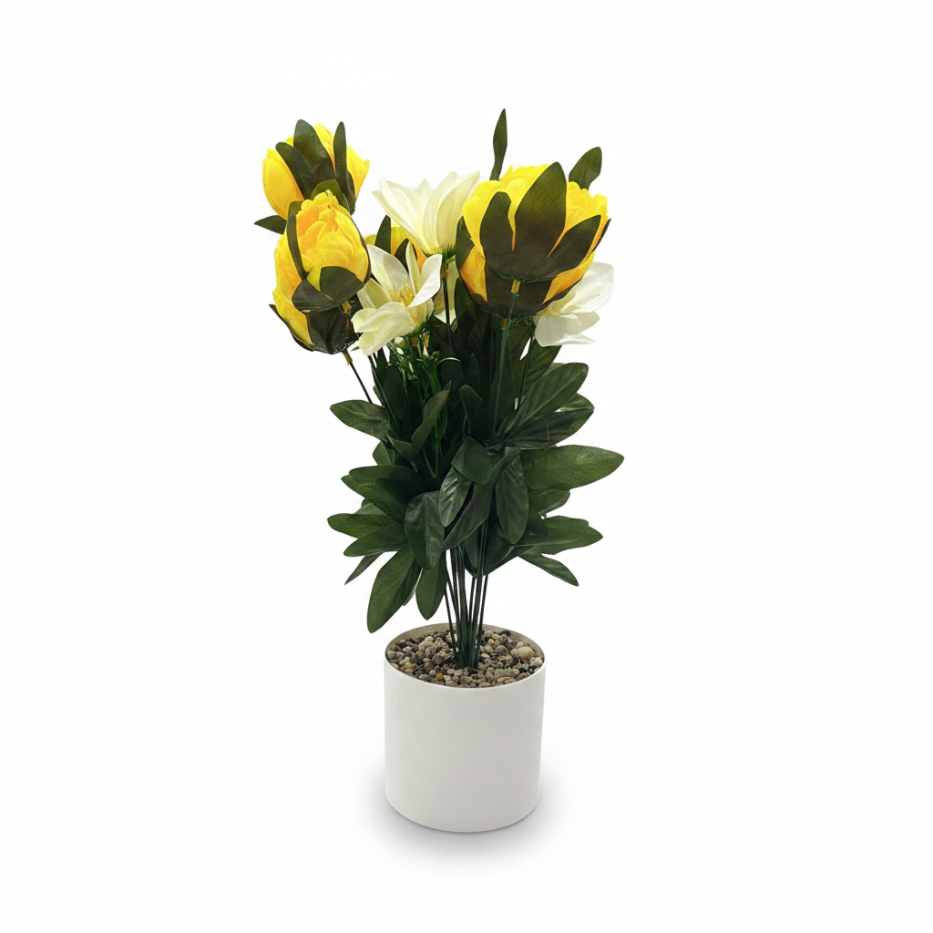 Artificial Flower Plant Yellow with White Plastic Pot - 45cm