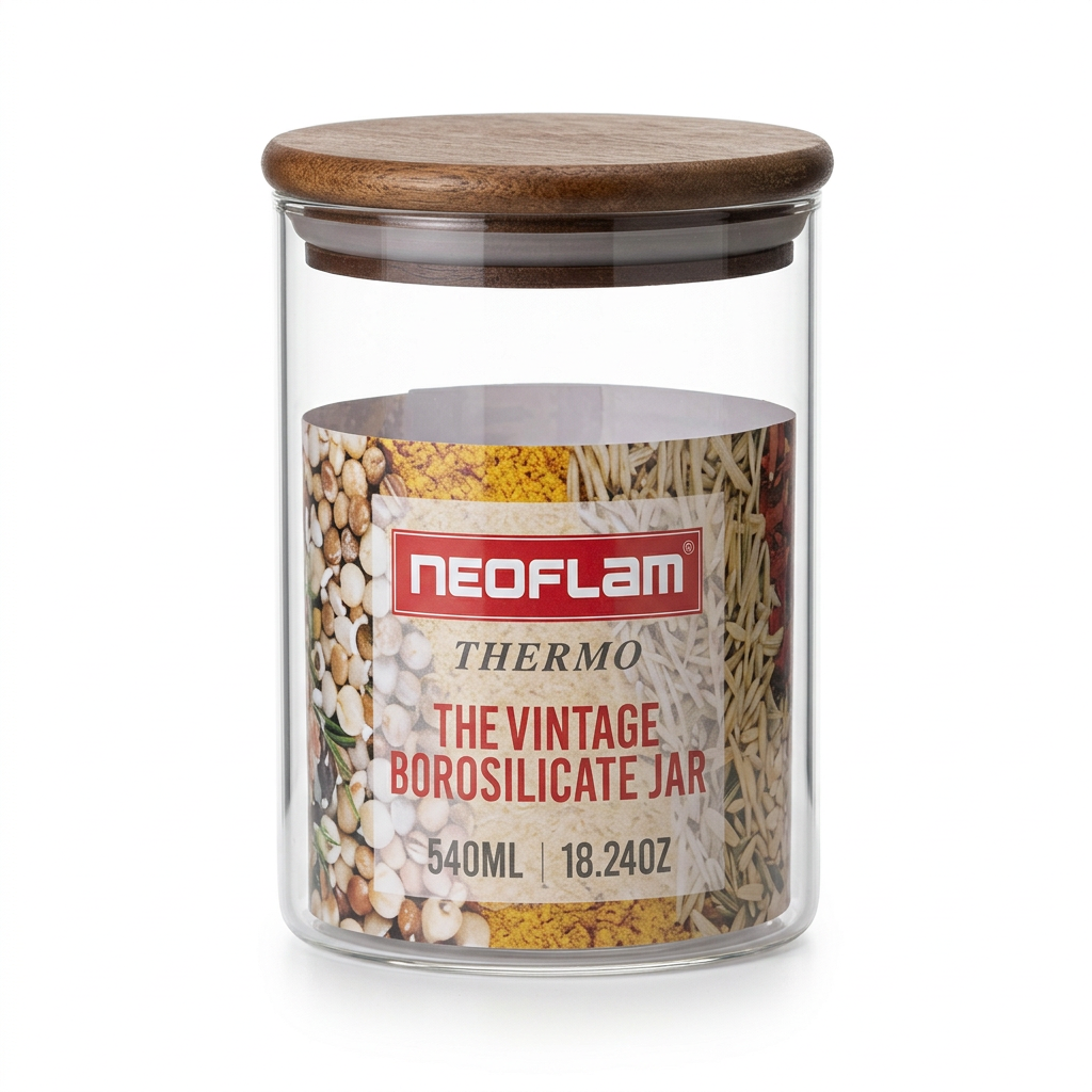 Neoflam Vintage Borosilicate Glass Storage Jar with Wooden Lid - 540ml