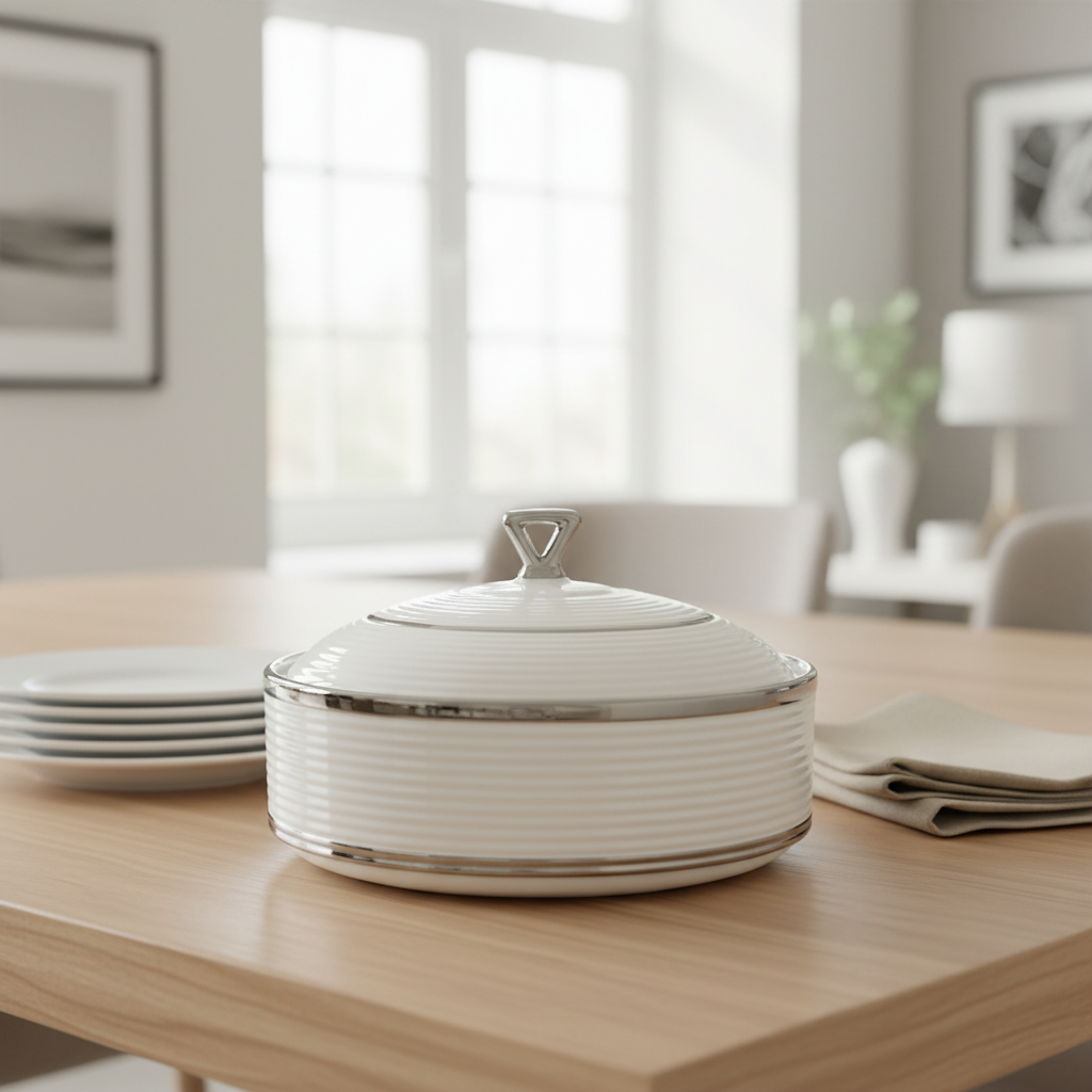 Ceramic Bowl with Lid White and Silver - 8 Inch