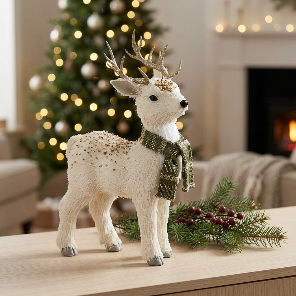 Decorative Reindeer Figurine with Gold Glitter Ivory White - 21×15cm