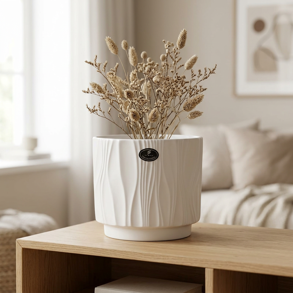Ceramic Flower Vase with Textured Design White  – 16×20cm