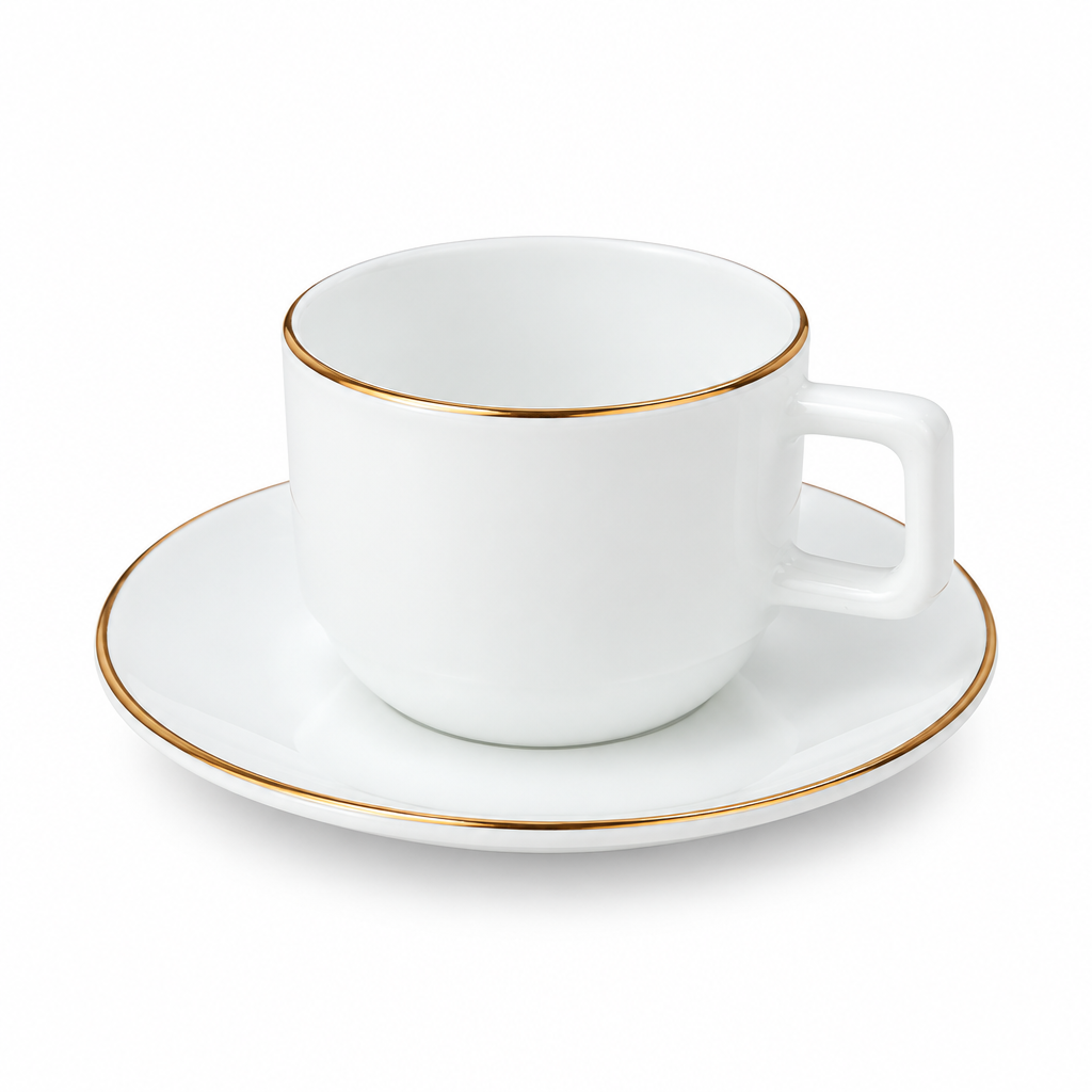 White Cup and Saucer Set with Gold Rim - 180ml