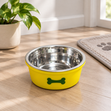 Yellow Silicone and Stainless Steel Pet Feeding Bowl - 13.5cm