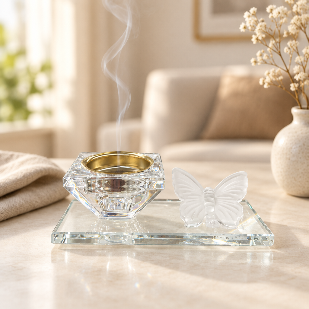 Crystal Incense Burner with Butterfly Detail - 13×6cm