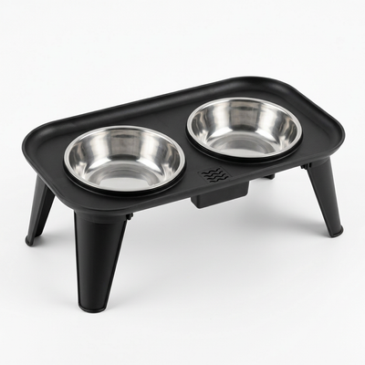 Plastic & Metal Raised Double Cat Food Bowl Set Black & Silver – 38×20×12cm