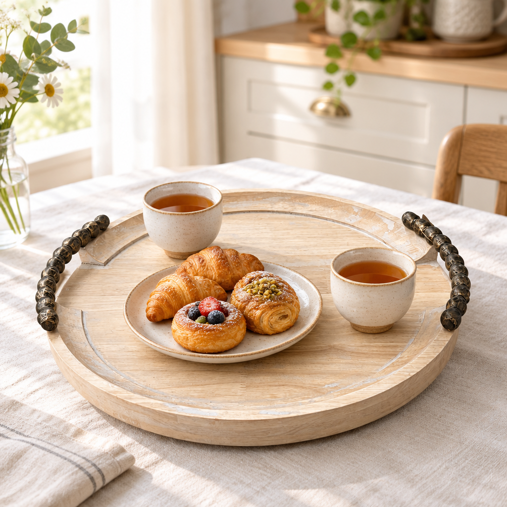Luhpar Round Wooden Serving Tray with Decorative Handles - 40cm