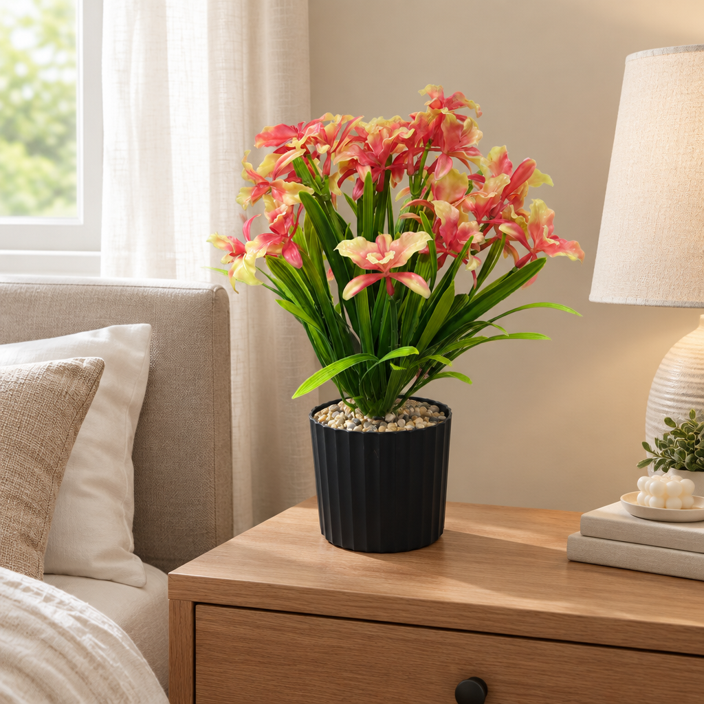 Zeem Artificial Flower Plant in Black Plastic Pot - 28cm