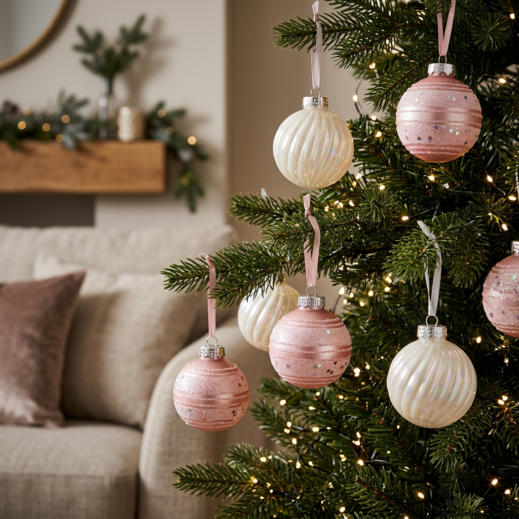 Plastic Christmas Décor Balls 12 Piece Set Pink & Pearl White - 6cm