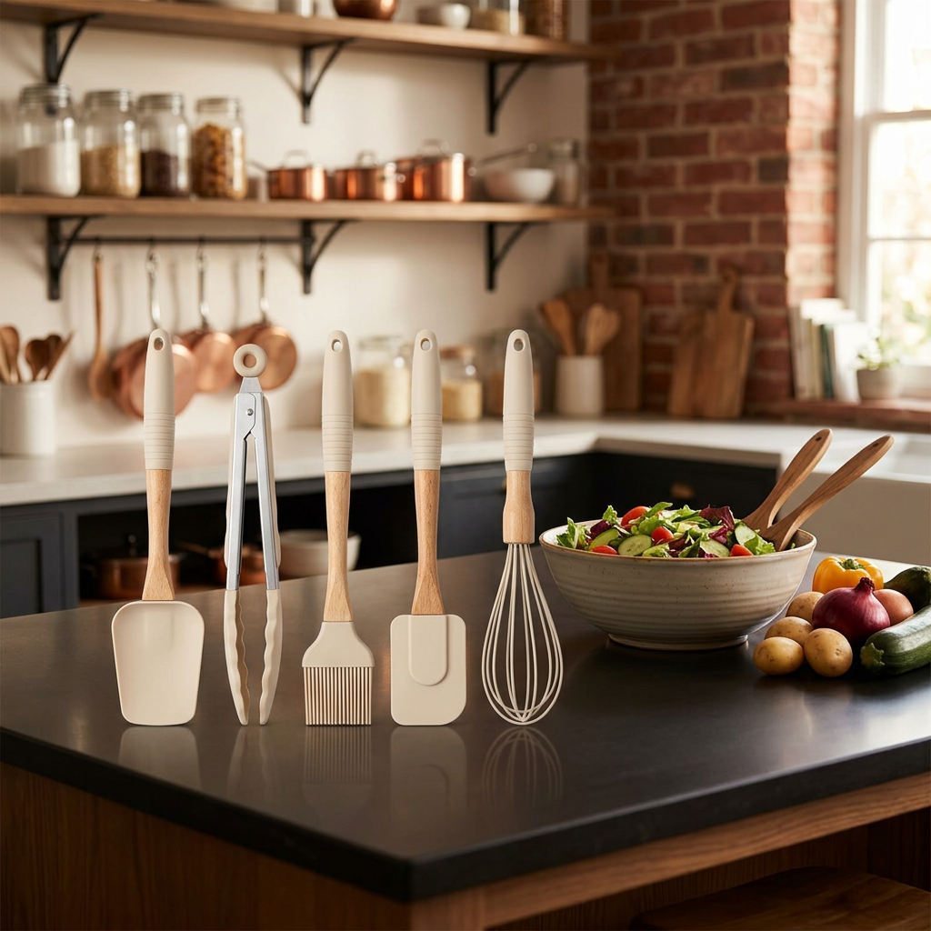 Yuniverse 5-Piece Silicone & Wooden Kitchen Tools Set Beige