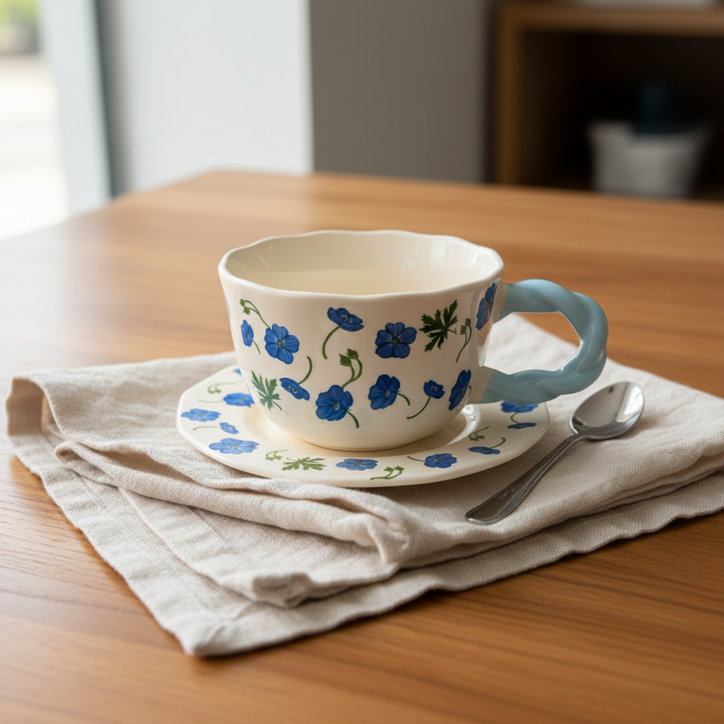 Ceramic Cup and Saucer Set with Blue Floral Design - 300ml