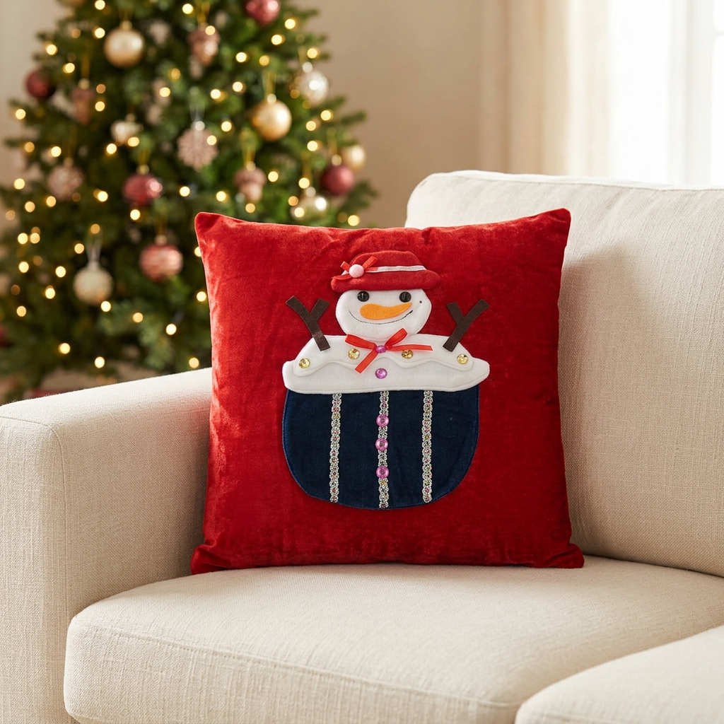 Christmas Snowman Decorative Cushion Red – 40×40cm