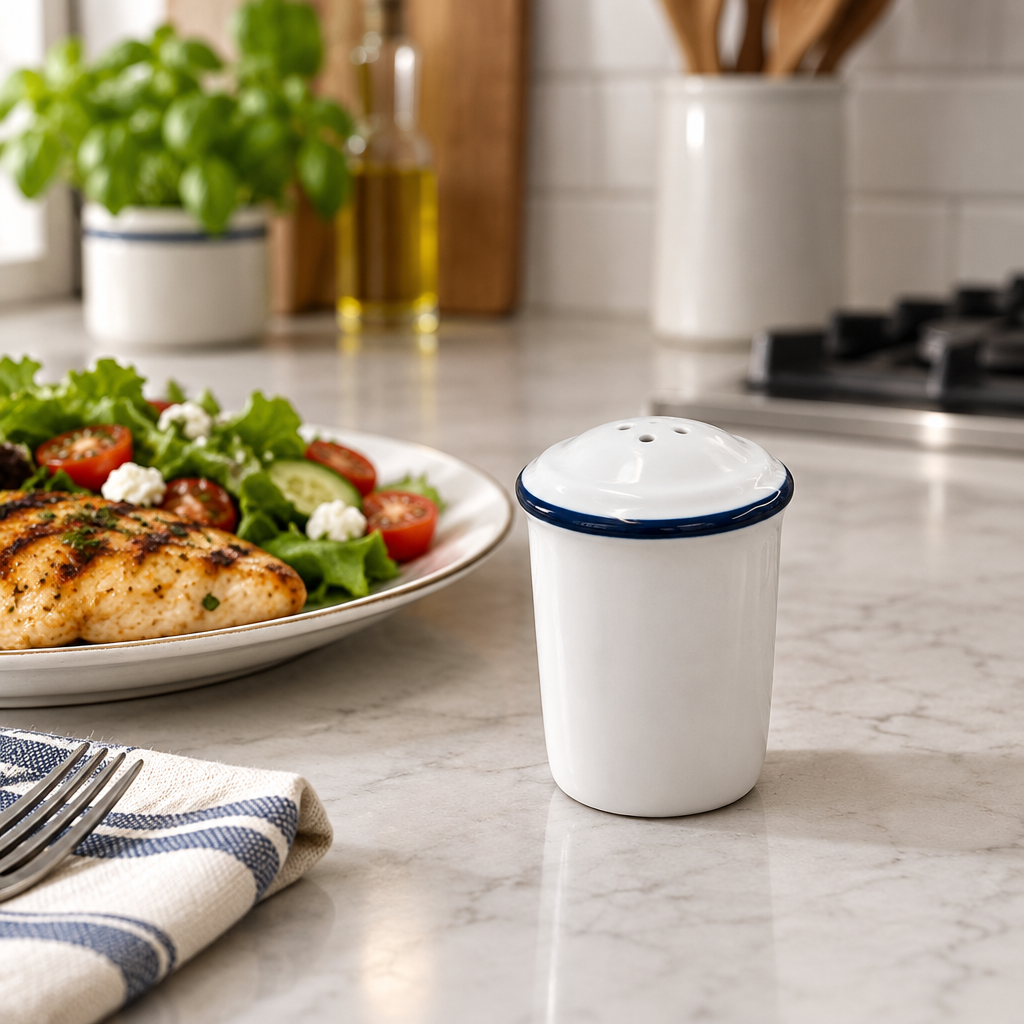 Luhpar Ceramic Salt & Pepper Shaker Bottle White with Blue Rim - 8cm