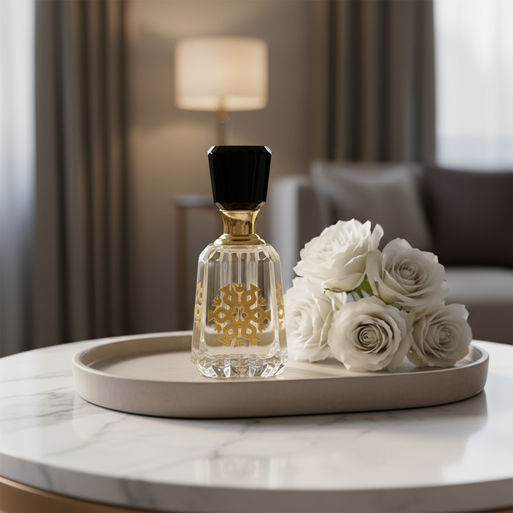 Glass Perfume Bottle with Gold Design - 10cm