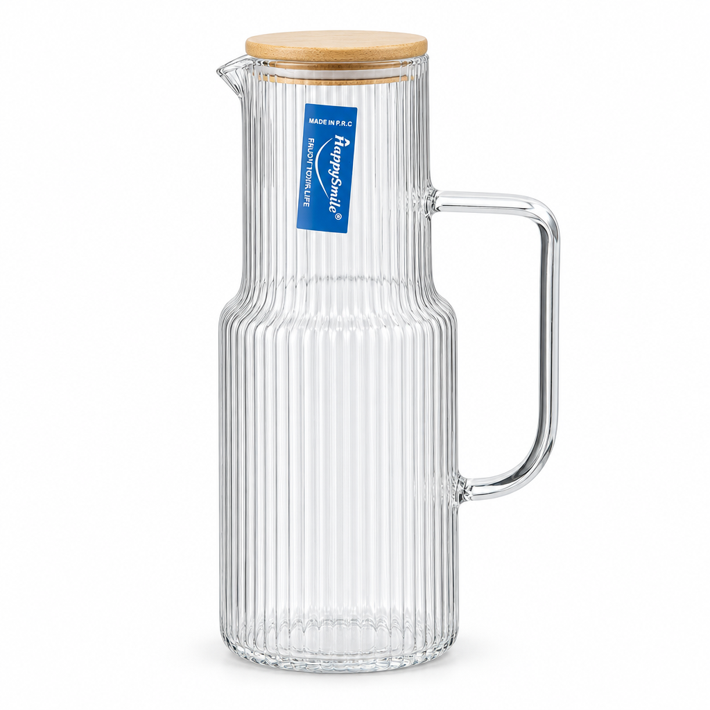 Happysmile Ribbed Glass Jug with Wooden Lid – 1 Litre