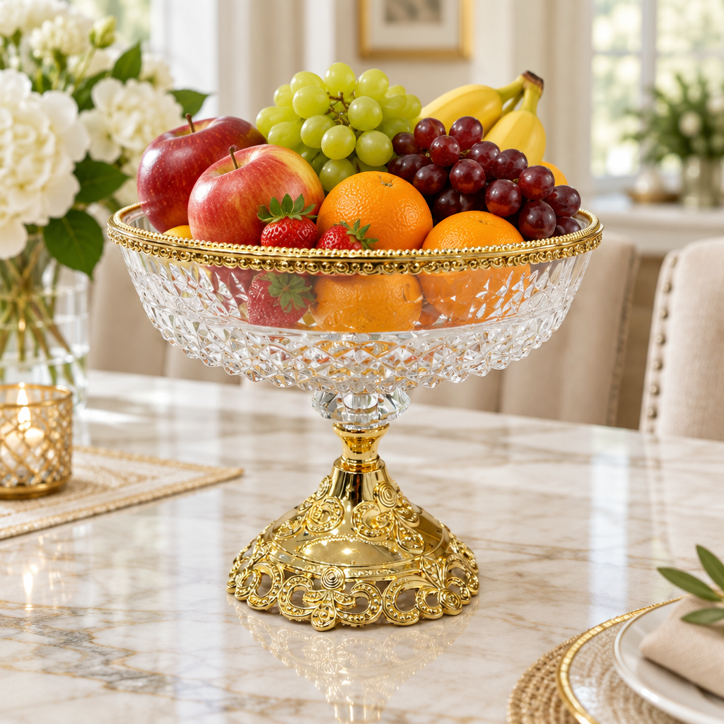 Metal and Clear Glass Footed Fruit Bowl Gold - 20×25cm