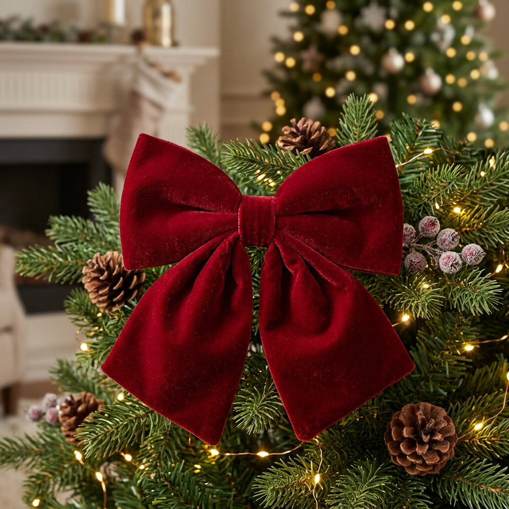 Christmas Bow Decoration with Velvet-Look Finish Red – 20×20cm