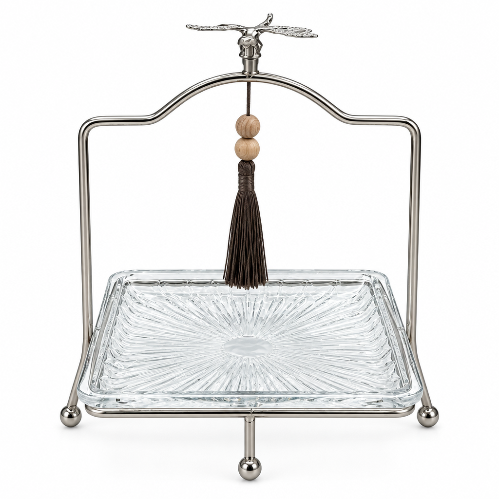 Glass Tray with Silver-Tone Metal Stand - 18×23cm