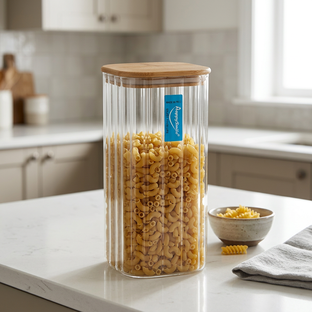 Happysmile Ribbed Glass Canister with Wooden Lid - 1 Litre