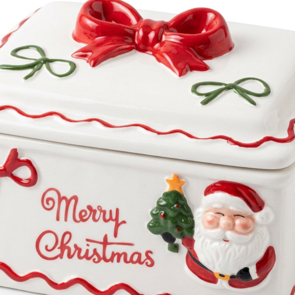 Ceramic Christmas Candy Box with Bow Lid - 15×12cm