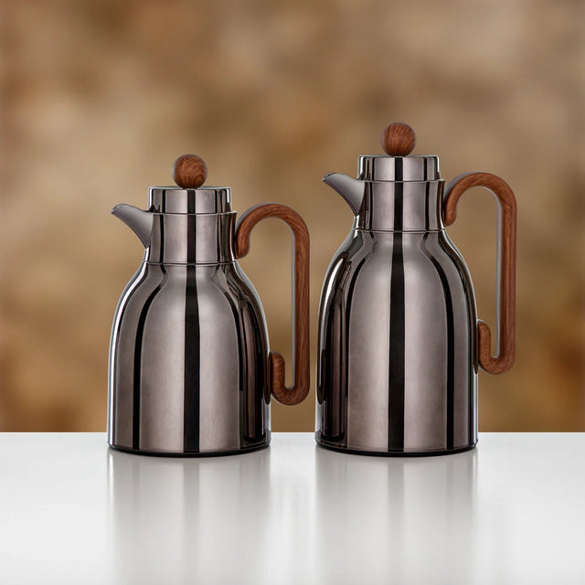 Almarjan 2 Pieces Vacuum Flask Set, Gun Black & Light Wood