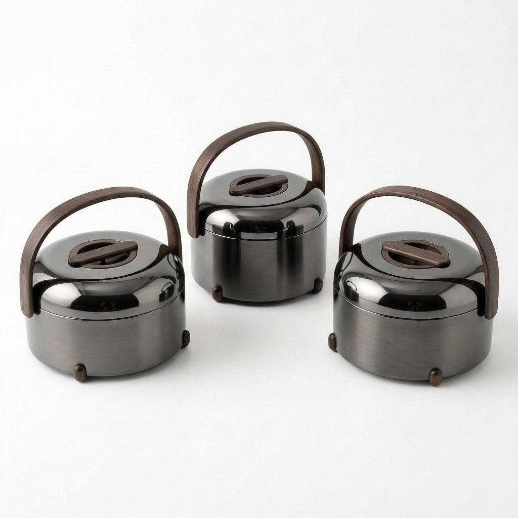 Almarjan 3-Piece Hot Pot Set 2.5, 3.5 & 4.5 Litres – Gun Black with Dark Wood 