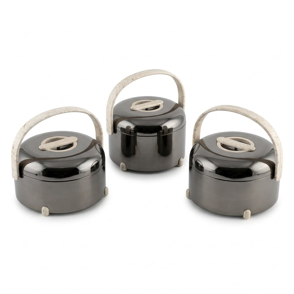 Almarjan 3-Piece Hot Pot Set , 2.5, 3.5 & 4.5 Litres – Travertine Marble with Gun Black
