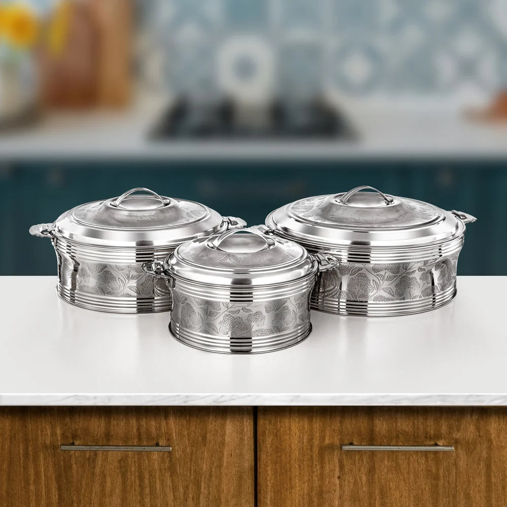 Almarjan 3 Pieces Sausan Hot Pot Set, Mirror Silver, 2.5, 4.8 & 6 Ltr