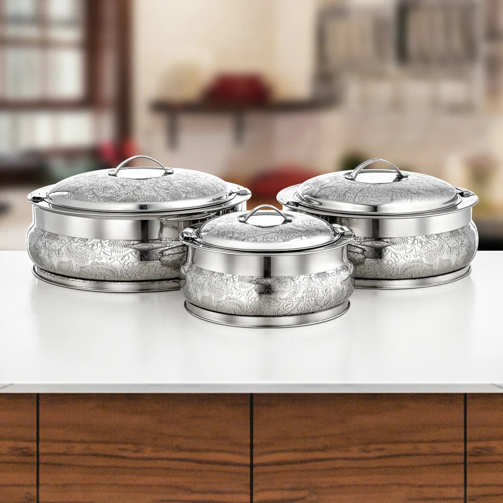 Almarjan 3 Pieces Shamsa Hot Pot Set, Mirror Silver, 2.5, 4.8 & 6 Ltr