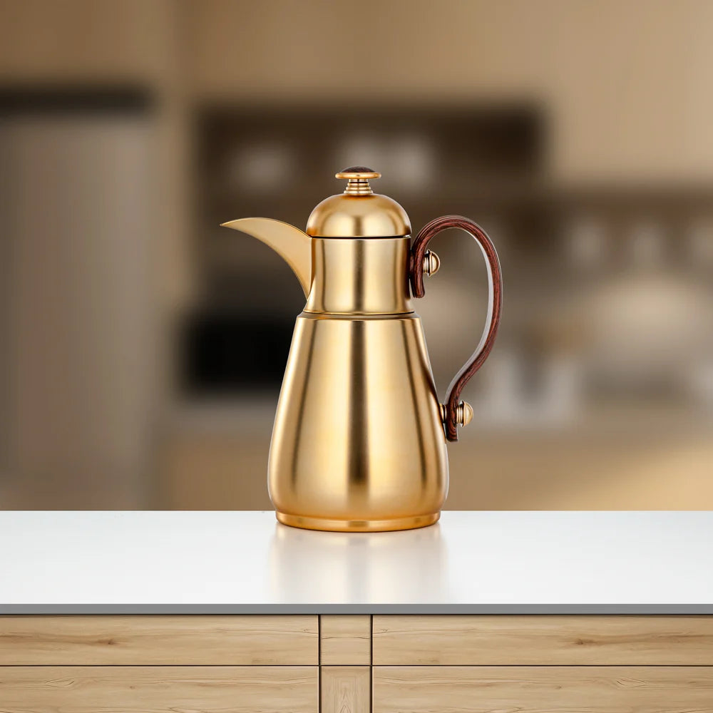 Almarjan Double Wall Vacuum Flask 0.7 Ltr, Matt Gold & Dark Wood