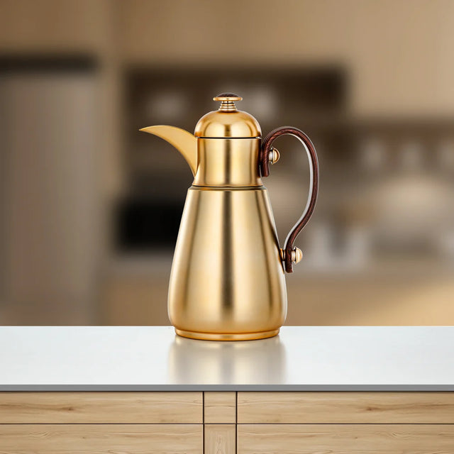 Almarjan Double Wall Vacuum Flask 1 Ltr, Matt Gold & Dark Wood