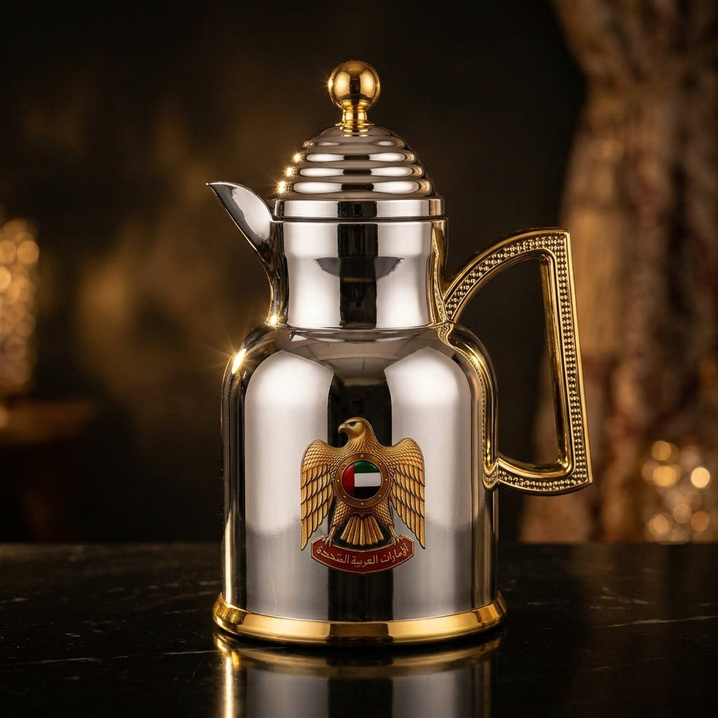 Redhome 0.6 Litre Vacuum Flask – Chrome with Gold Accents and UAE Emblem