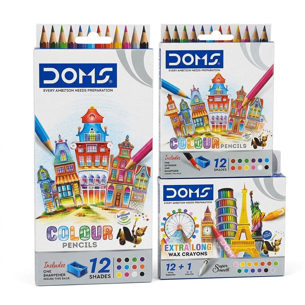 DOMS Art & Colour Set – Colour Pencils, Extra Long Wax Crayons & Aqua Water Colour Pens (3-in-1 Bundle)