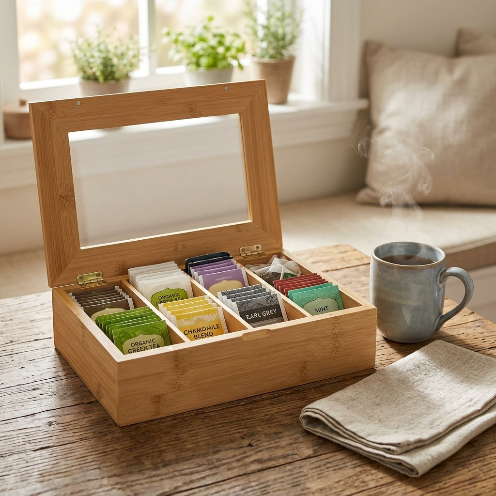 Danny Home Bamboo Tea Bag Organizer with Clear Lid, 4 Compartments, 30 × 20 × 8 cm