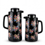 HB Vacuum Flask Set, 1 Litre + 1.3 Litre, Black Floral Design