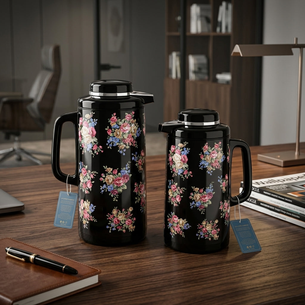HB Vacuum Flask Set, 1 Litre + 1.3 Litre, Black Floral Design