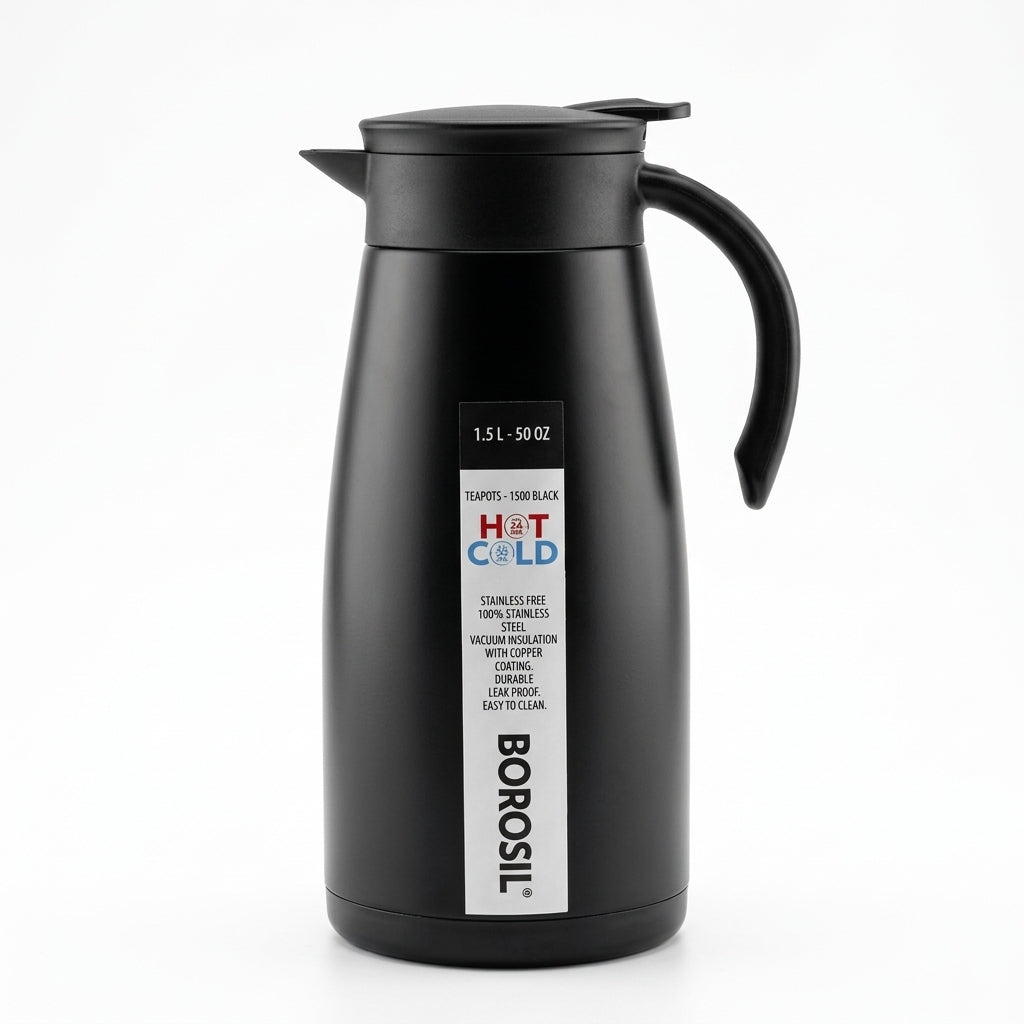 Borosil Insulated Stainless Steel Vacuum Flask Carafe, 1500 ml, Black