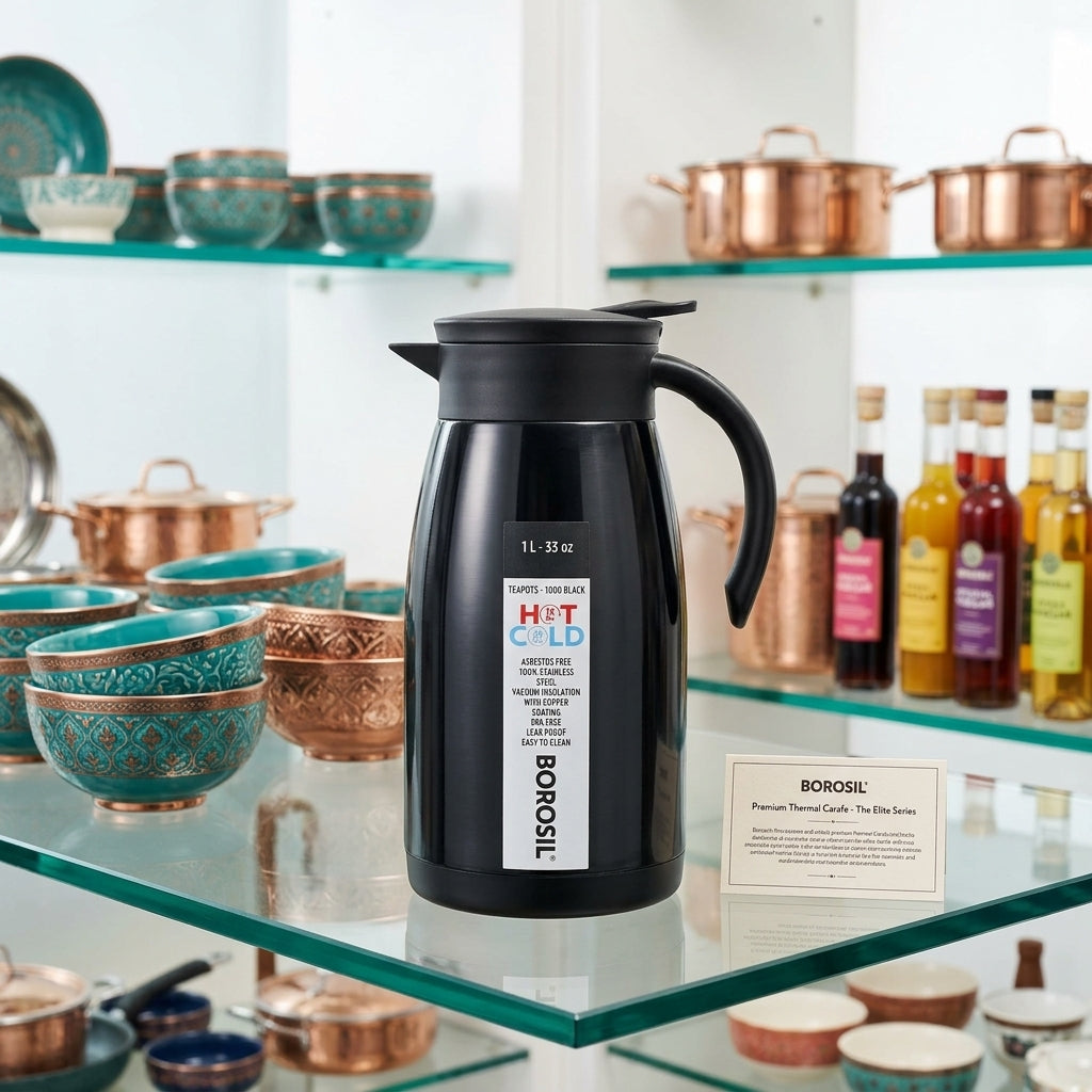 Borosil Insulated Stainless Steel Vacuum Flask Carafe, 1000 ml, Black
