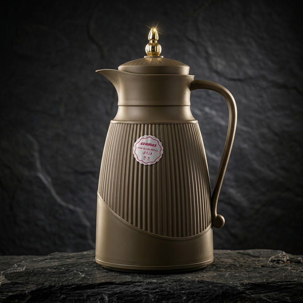 Germax Vacuum Flask 1 Litre – Dark Brown with Arabic Calligraphy